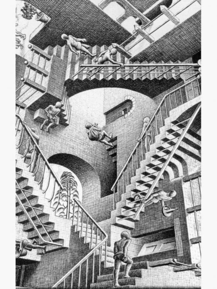 Ilustração de uma arquitetura impossível e labiríntica